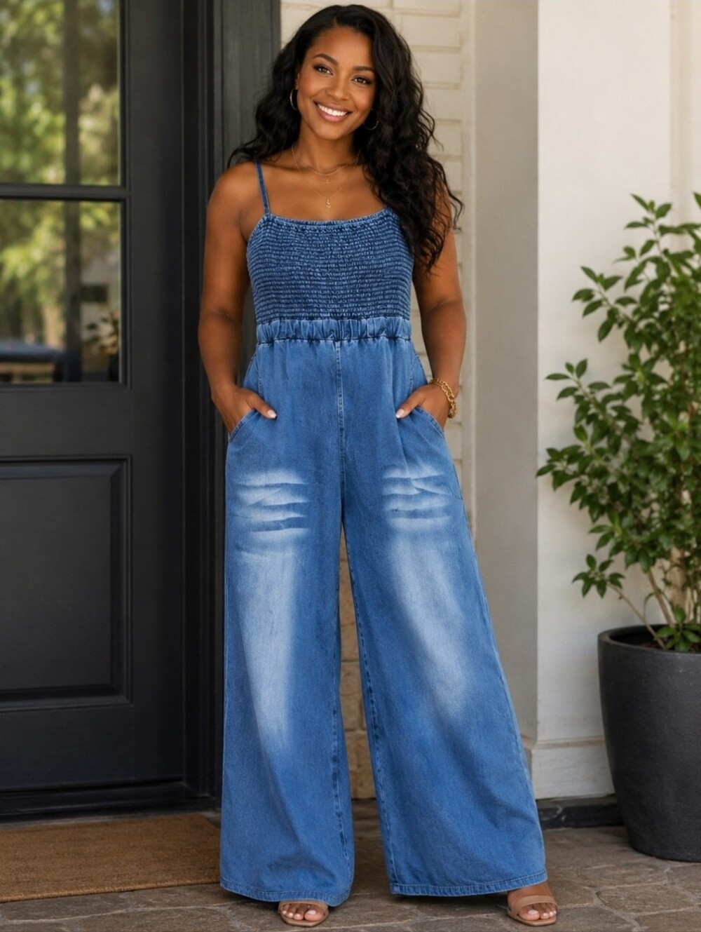NEW!! Smocked Wide-Leg Jumpsuit With Pockets in Light Blue, Sz 2X,NWT